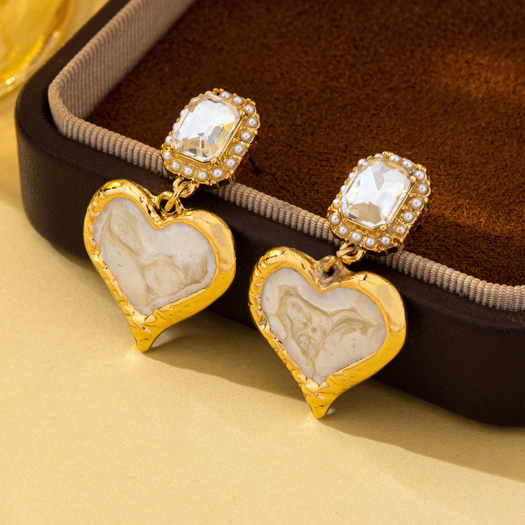 Marbled Enamel Heart Crystal Drop Earrings | 80E62347