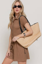 Short Sleeve Button Down Top & Shorts Crinkle Knit Set