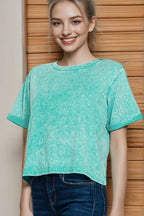 Washed Roll Cuff Short Sleeve Top