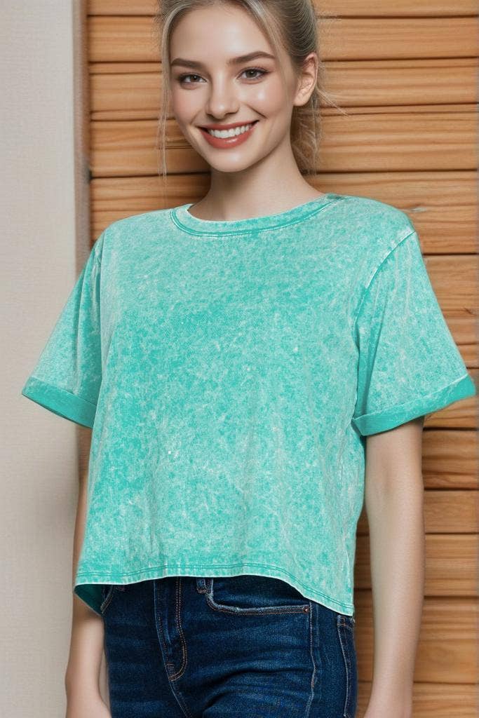 Washed Roll Cuff Short Sleeve Top