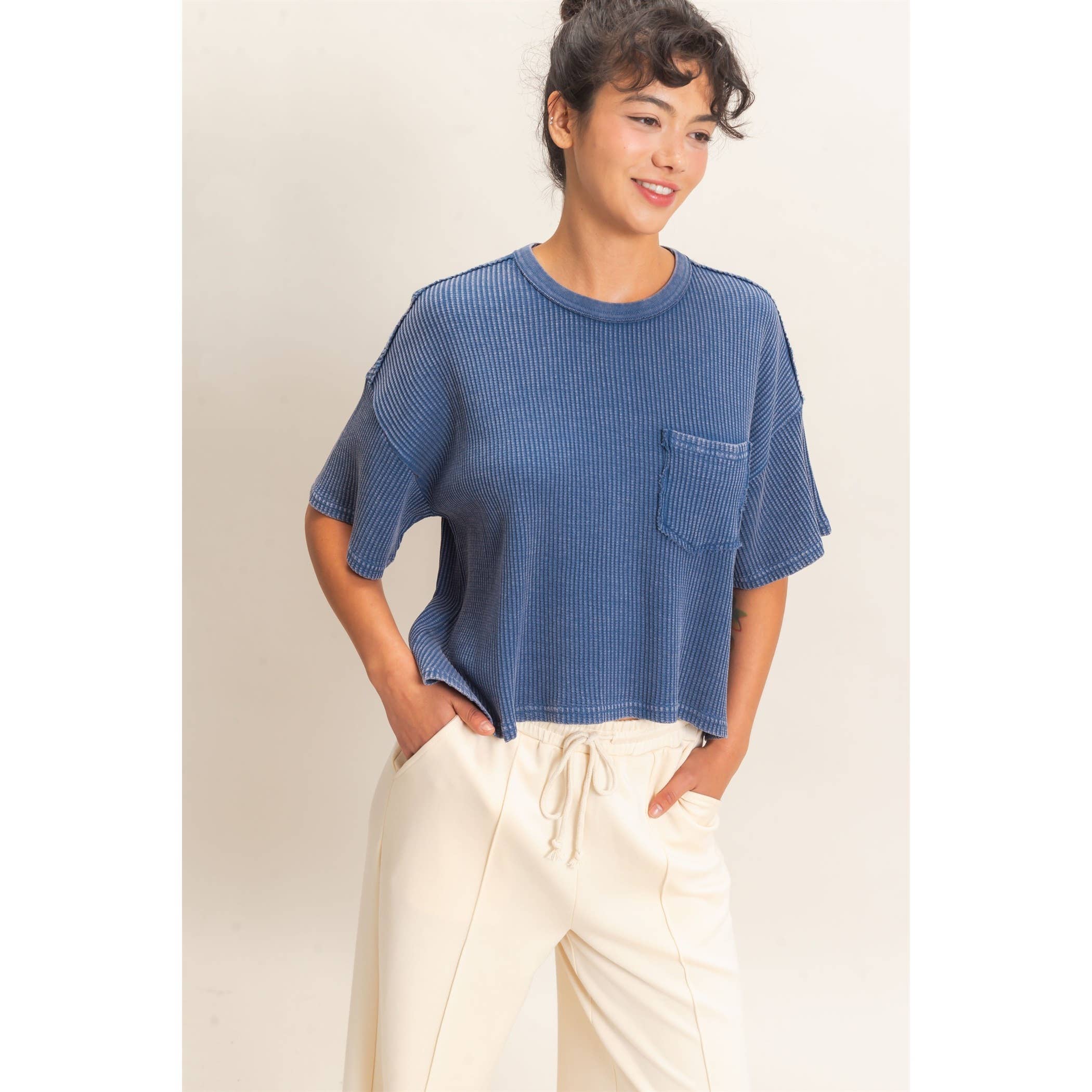 Mineral Wash Waffle Knit Pocket Top