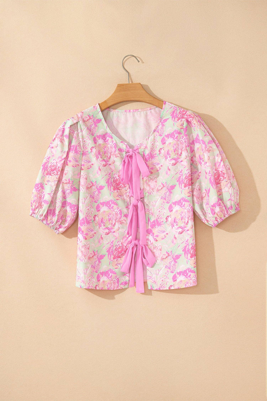 PRETTY BASH Floral Ribbon Tie Front Puff Sleeve Blouse