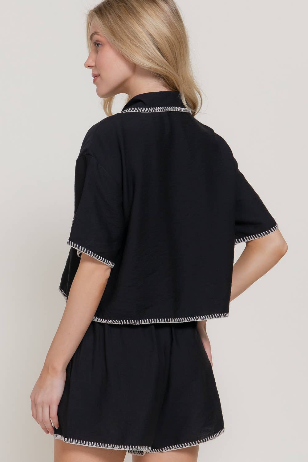 Short Sleeve Edge Stitch & Embroidered Boxy Shirt
