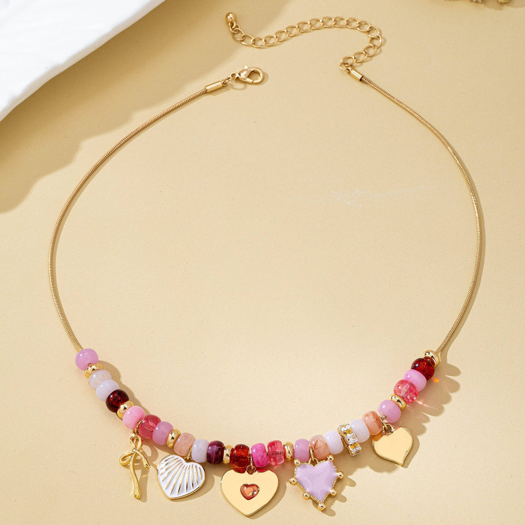 Pink Beaded Heart and Shell Charm Necklace | 80N92903