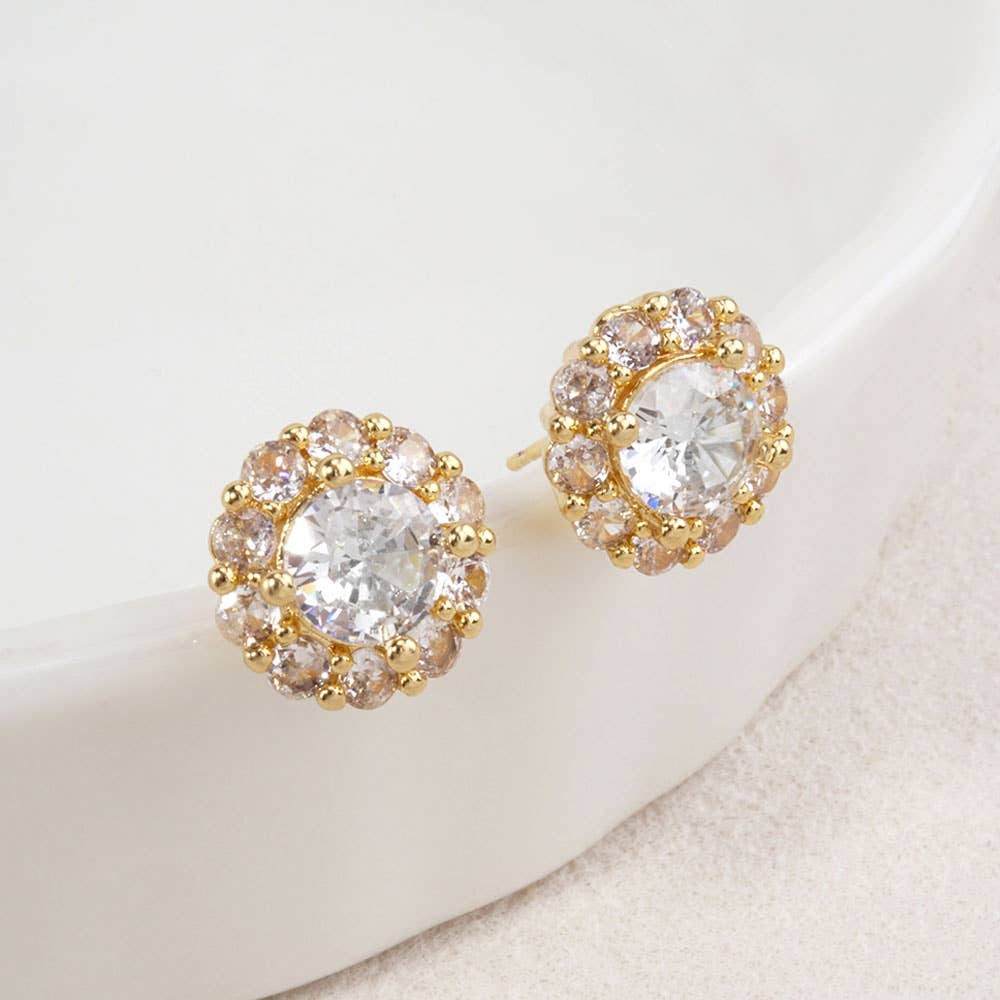 14K Gold Dipped Dainty Round Halo CZ Stud Earrings