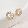 14K Gold Dipped Dainty Round Halo CZ Stud Earrings