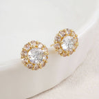 14K Gold Dipped Dainty Round Halo CZ Stud Earrings