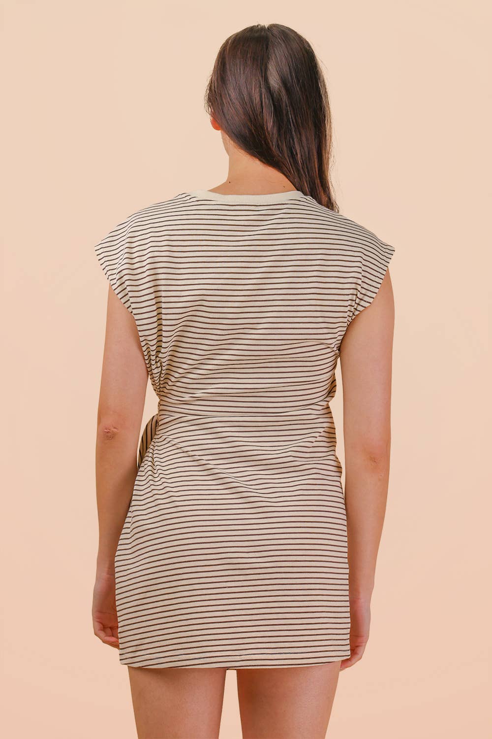 ND31733-Stripe Knit Sleeveless Mini Dress W/ Tie Detail