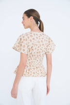 FLORAL CLIP DOT SPLIT NECK BELL SLEEVE TOP
