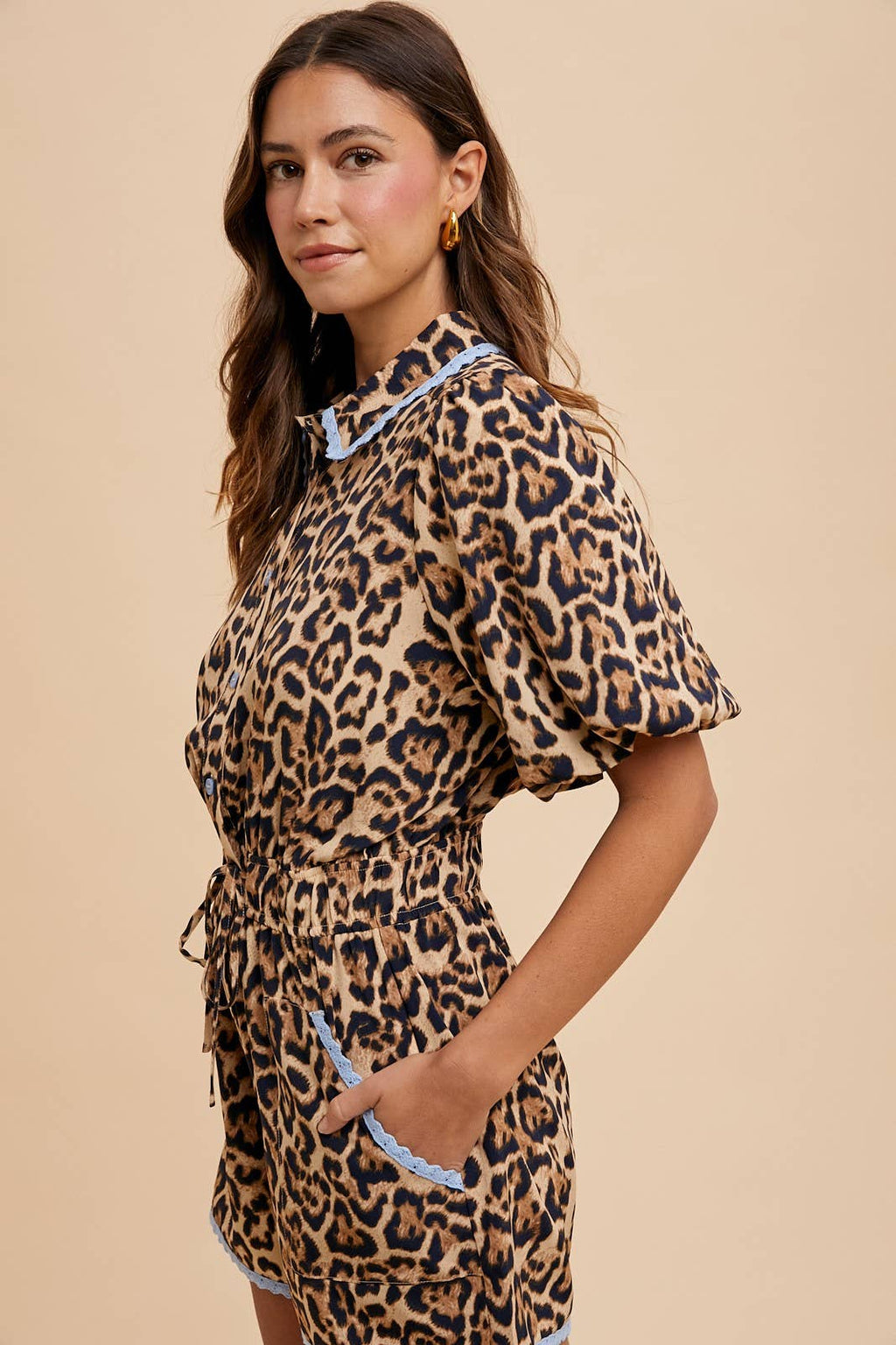 Lace Trimmed Leopard Print Button Down Romper