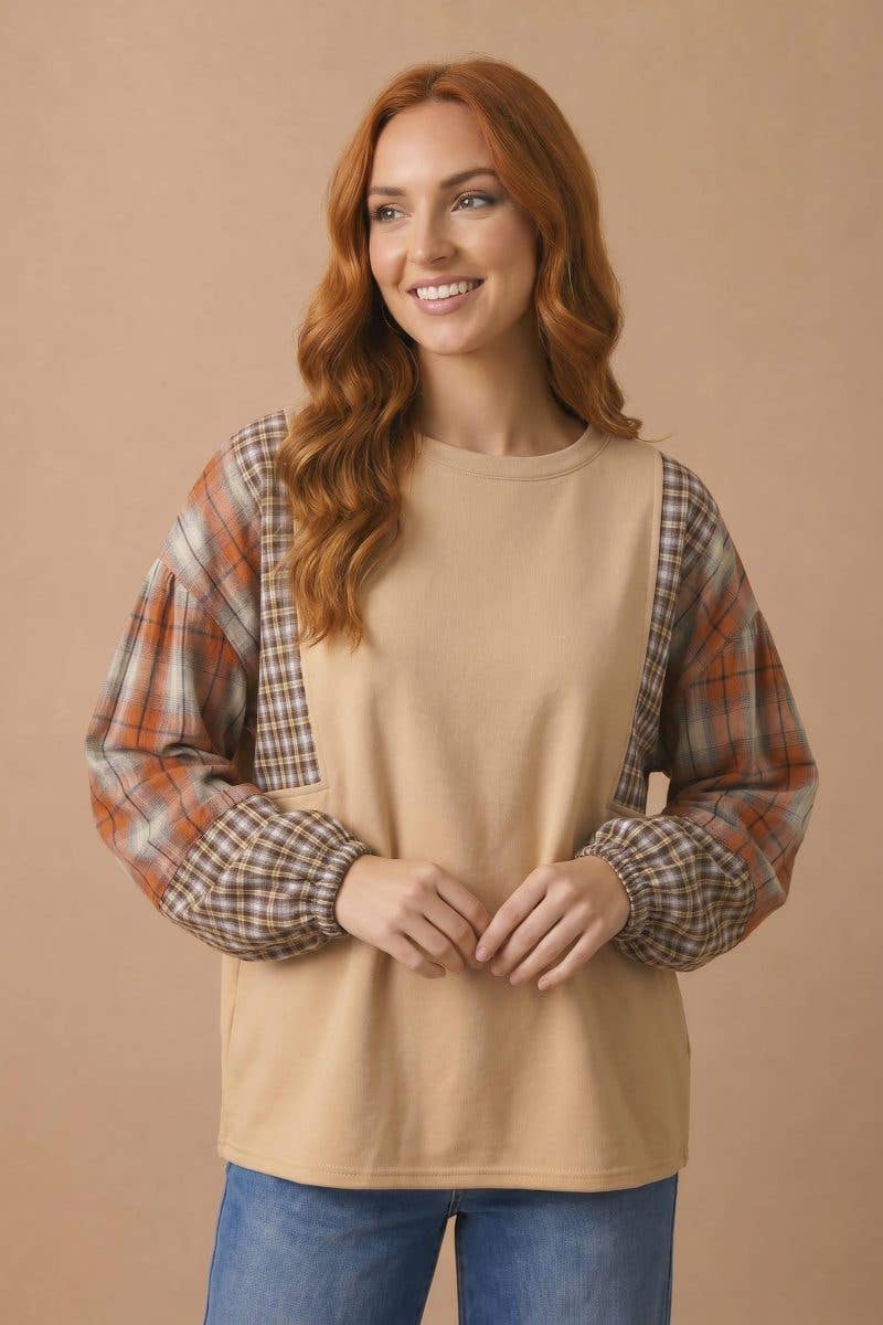 Plaid Woven Color Block Top