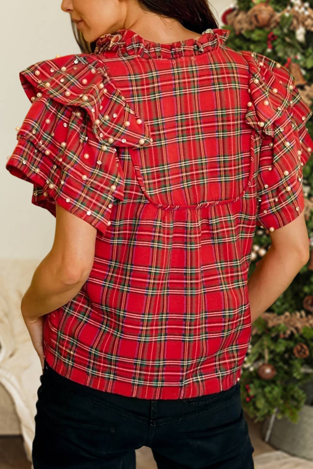 Christmas Plaid Pearl + Rhinestone Blouse