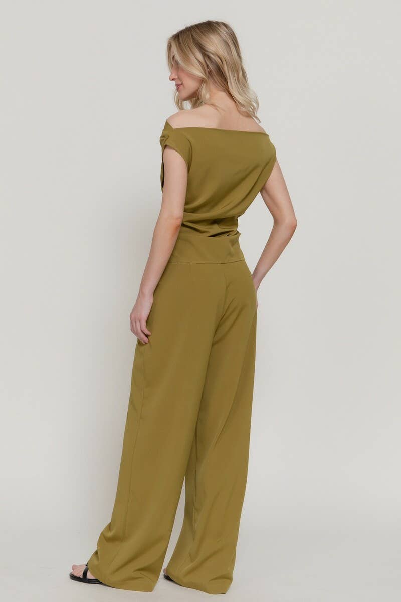 0224 Woven Off Shoulder Top & Pants Set SI-29533