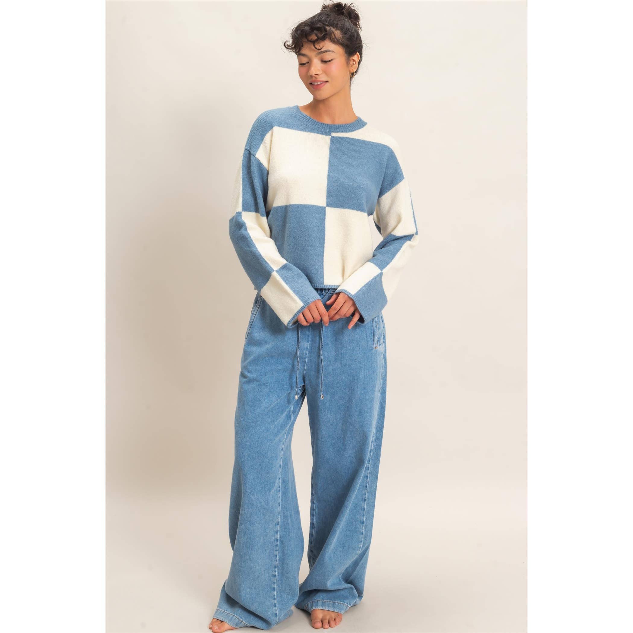 Crew Neck Checkered Sweater