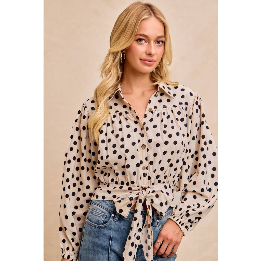 POLKA DOT PRINT TIE HEM DETAIL CROP BLOUSE TOP