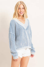 Striped V-neck Ribbed Sweater