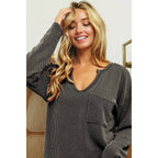 WAVY TWO TONE RIB NOTCH NECK PATCH POCKET TOP