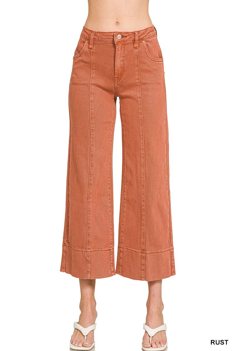 Mid Rise Wide Leg Cropped Color Denim Pants