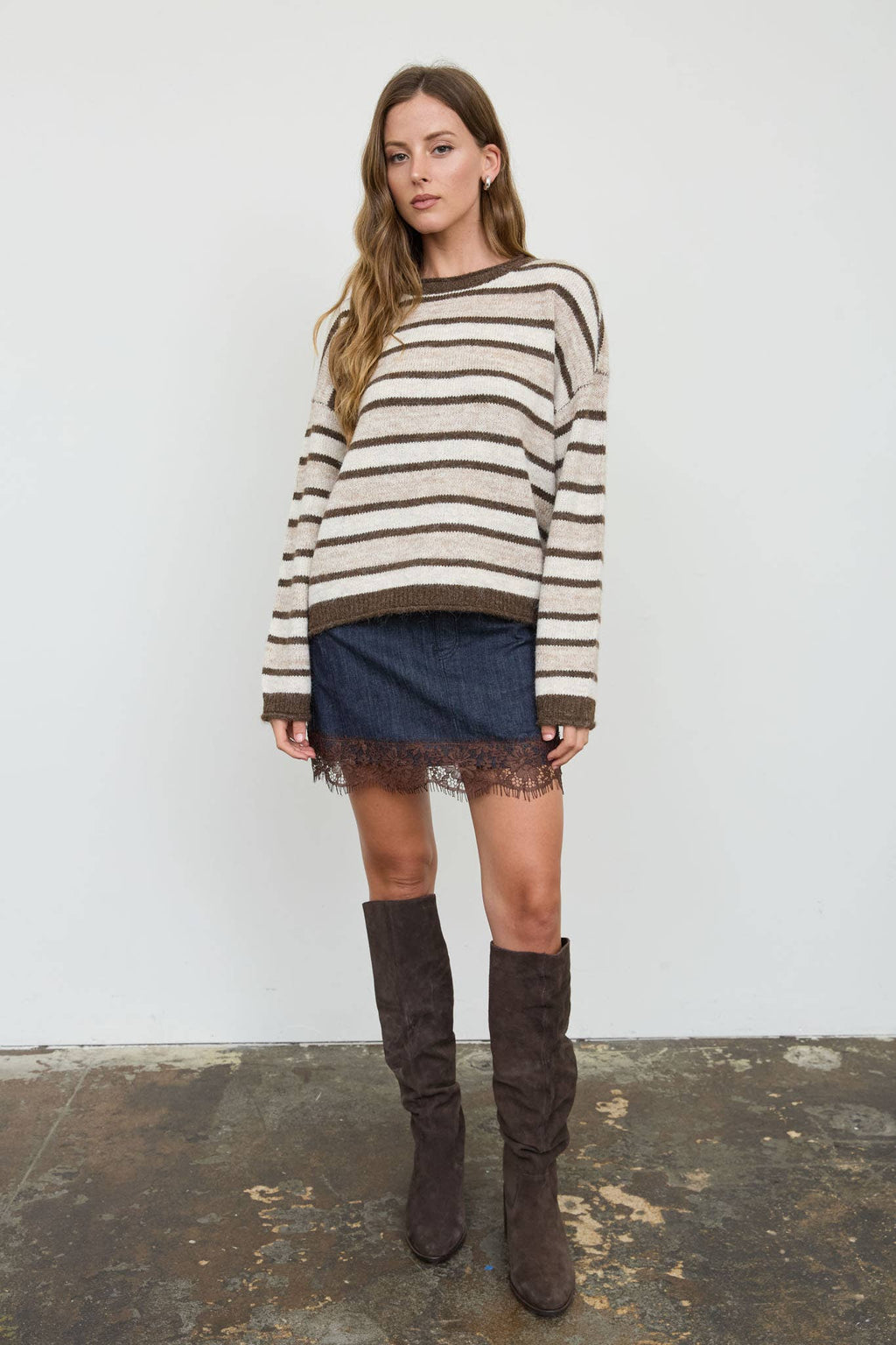 HEATHERED MULTI-STRIPE RAW EDGE KNIT SWEATER