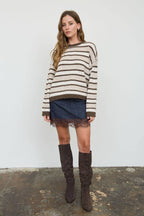 HEATHERED MULTI-STRIPE RAW EDGE KNIT SWEATER