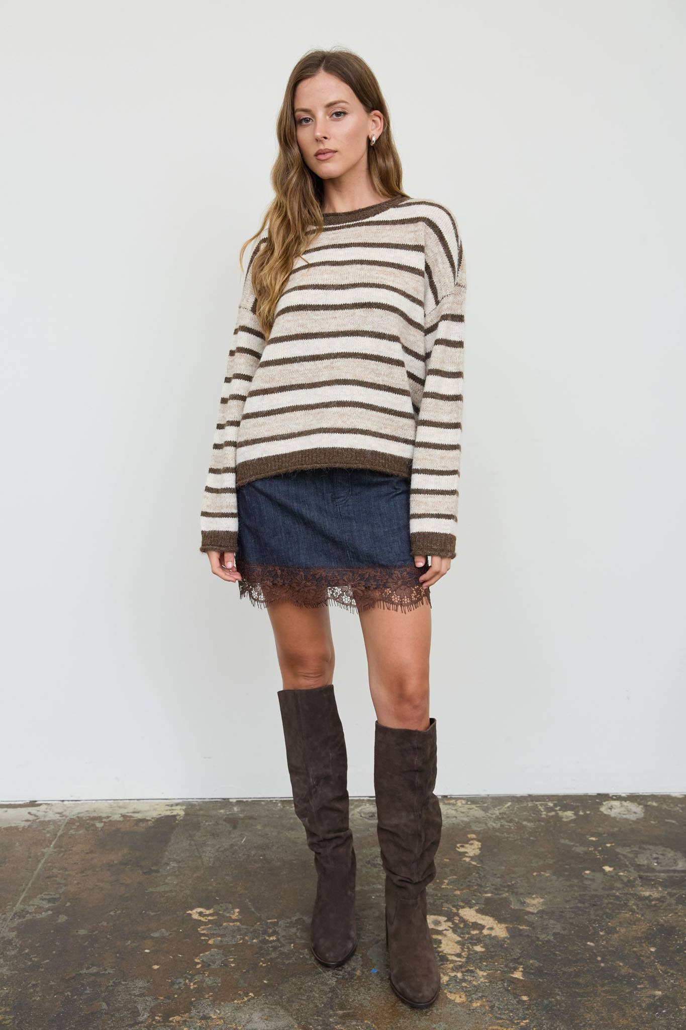 HEATHERED MULTI-STRIPE RAW EDGE KNIT SWEATER