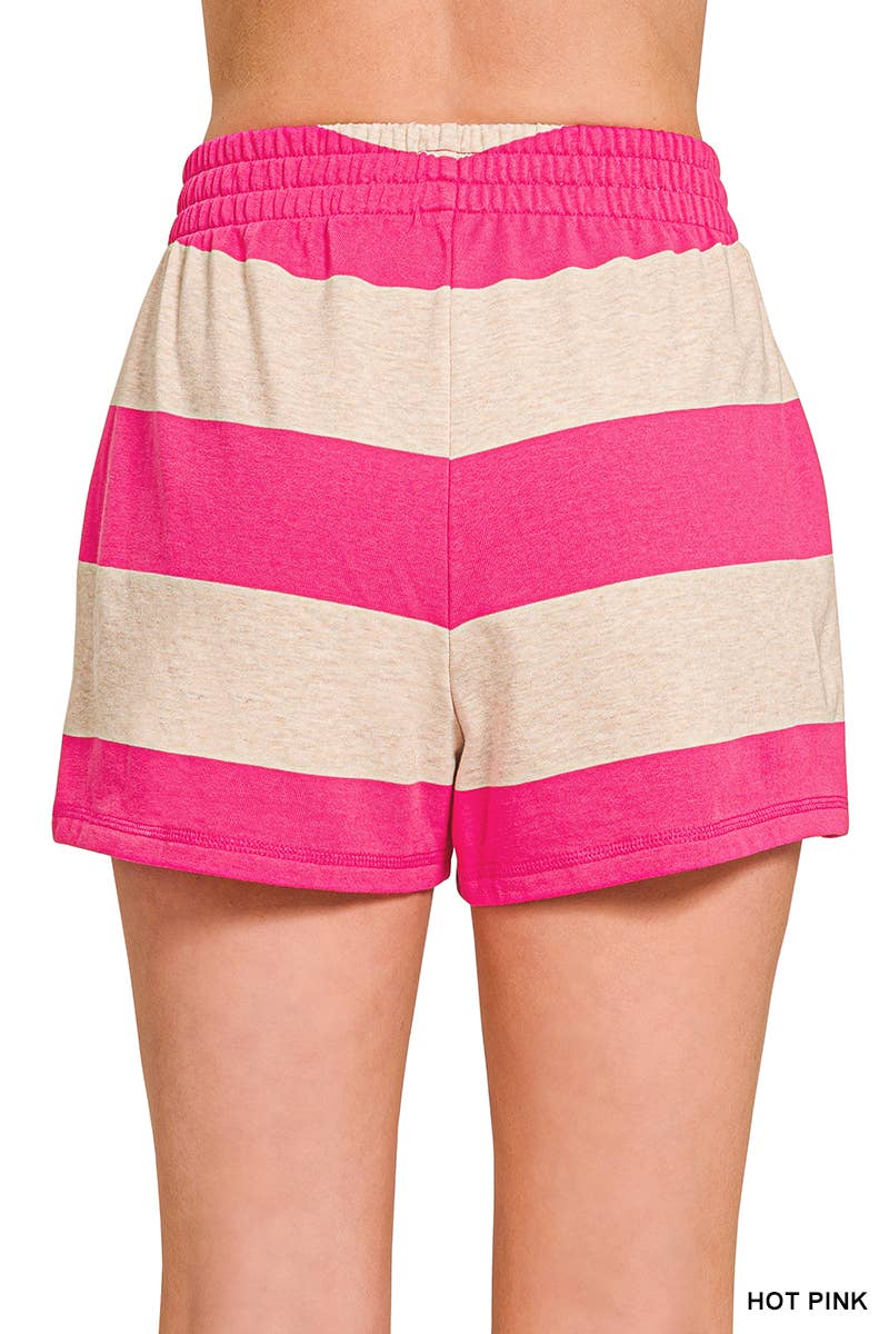 French Terry Striped Half Zip High Neck Top & Shorts Set Zenana