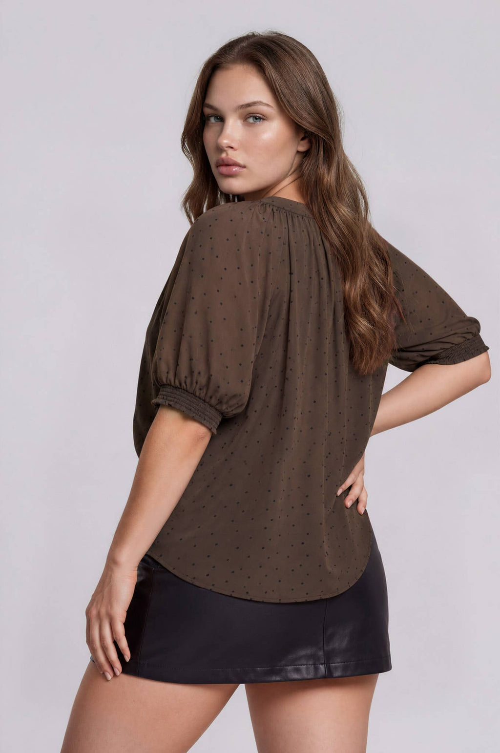 PLUS PINTUCK POLKA DOT BUTTON DOWN PUFF SLEEVE TOP