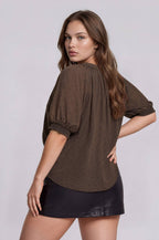 PLUS PINTUCK POLKA DOT BUTTON DOWN PUFF SLEEVE TOP