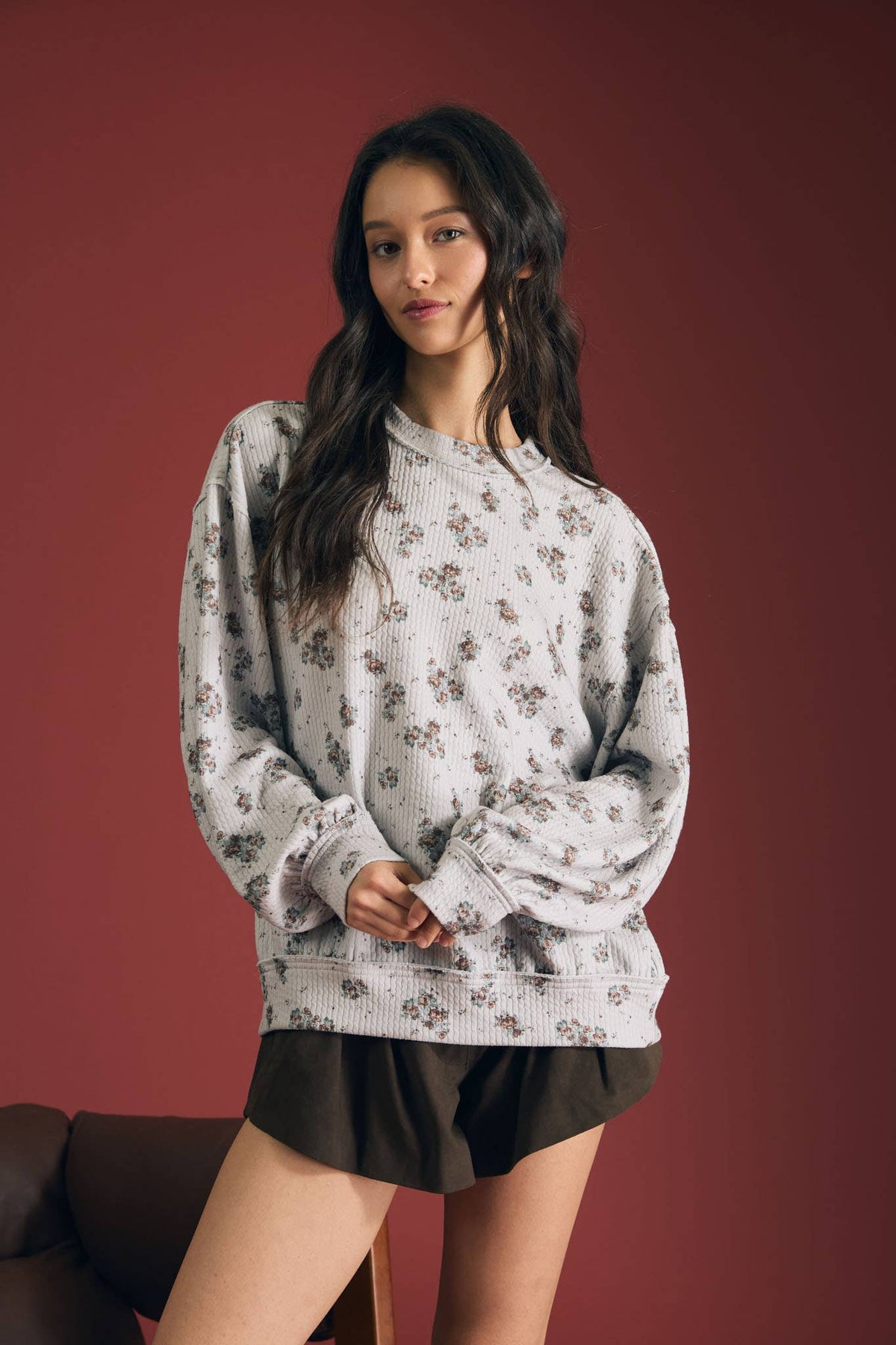 FLORAL DOT PRINT LONG SLEEVE TEXTURED KNIT TOP