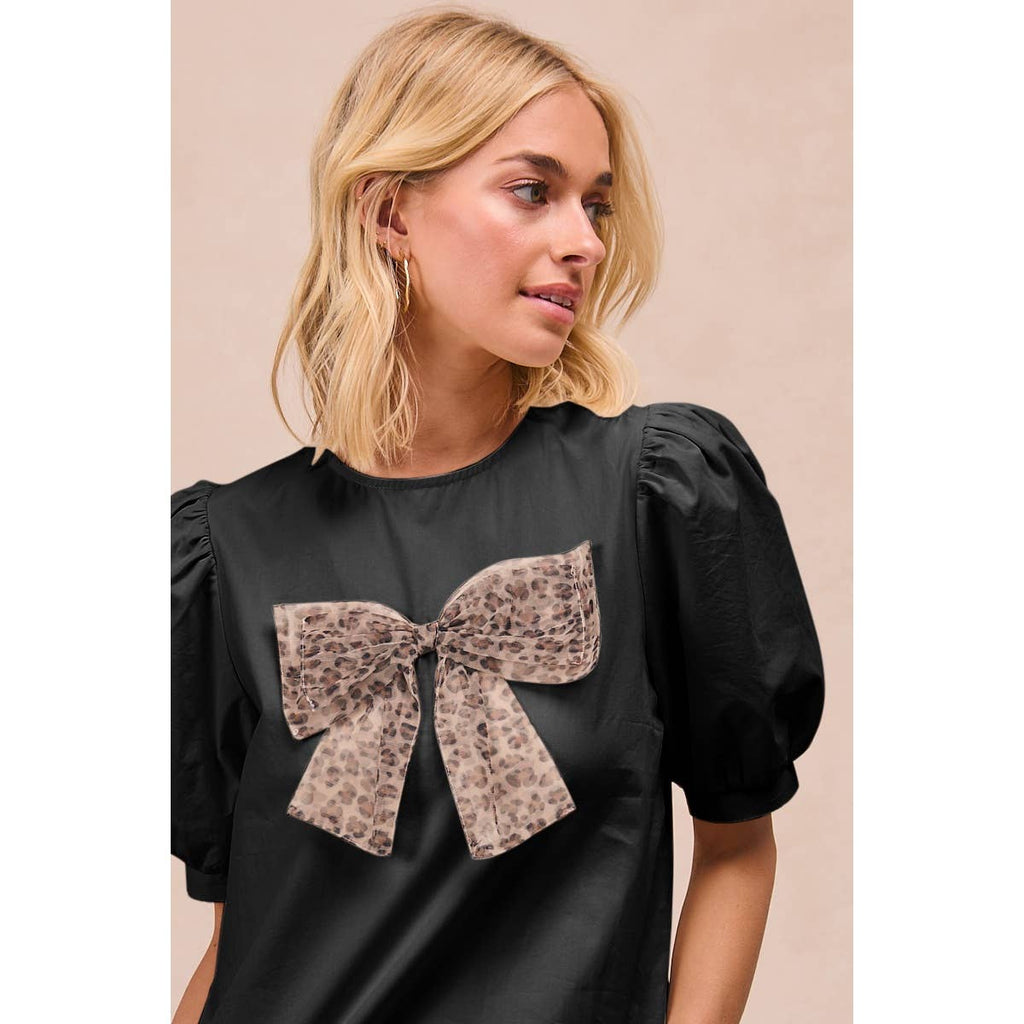 SOLID WOVEN LEOPARD MESH BOW PATCHED PUFF SLEEVES TOP-BACK K