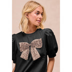 SOLID WOVEN LEOPARD MESH BOW PATCHED PUFF SLEEVES TOP-BACK K