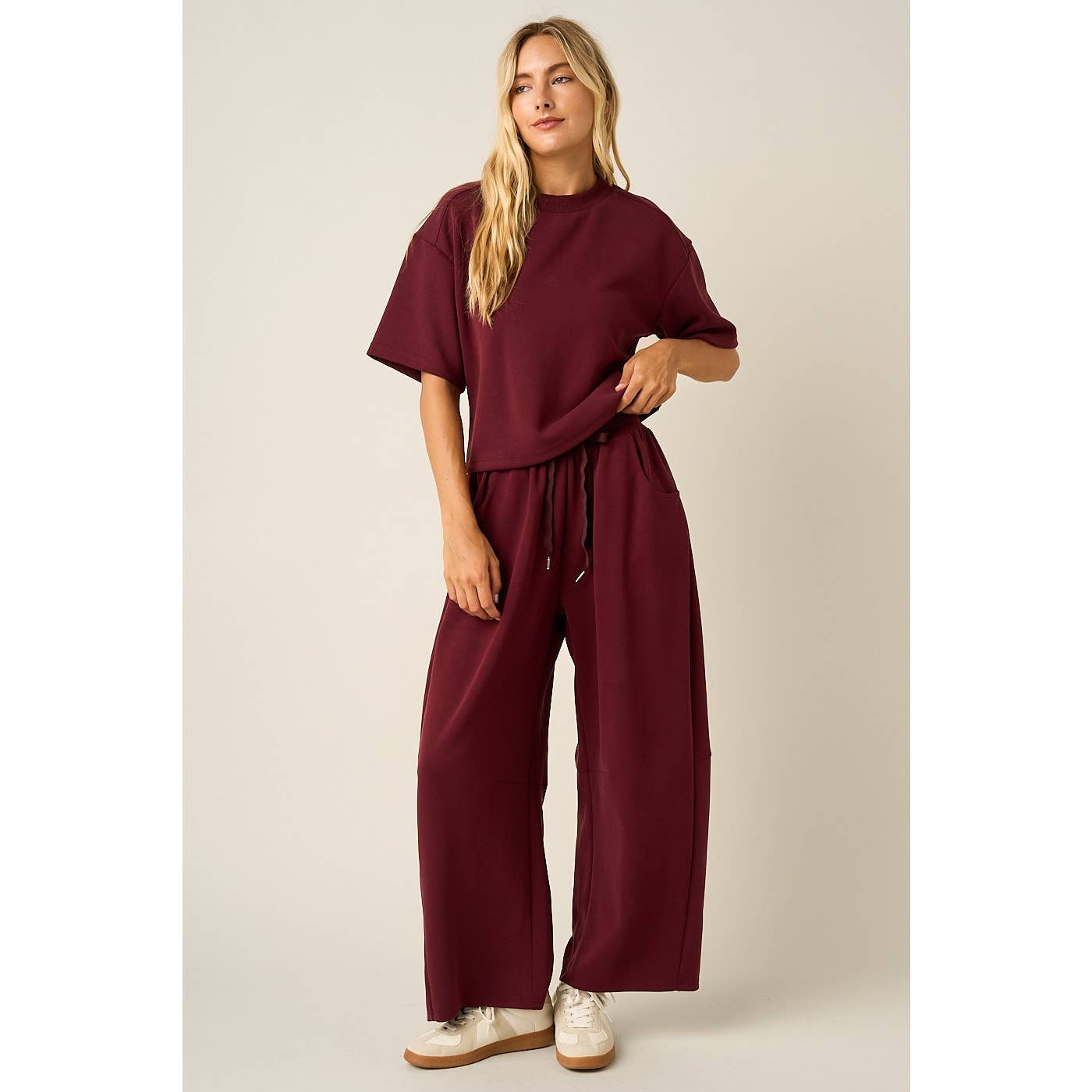 CLOUD KNIT DRAWSTRING WAIST BARREL LEG PANTS