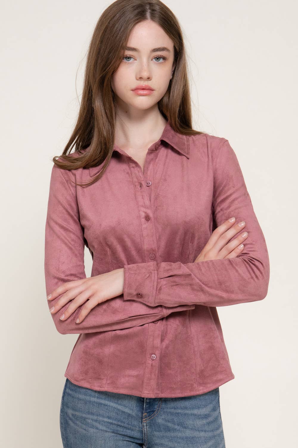 Long Sleeve Button Down Stretch Faux Suede Shirt