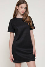 Short Sleeve Round Neck Semi A-Line Faux Suede Mini Dress