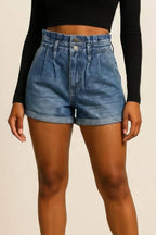 Pleated Denim Shorts