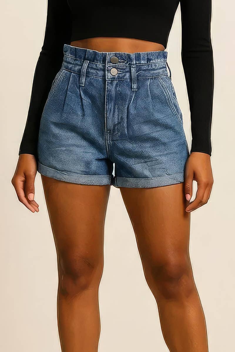 Pleated Denim Shorts