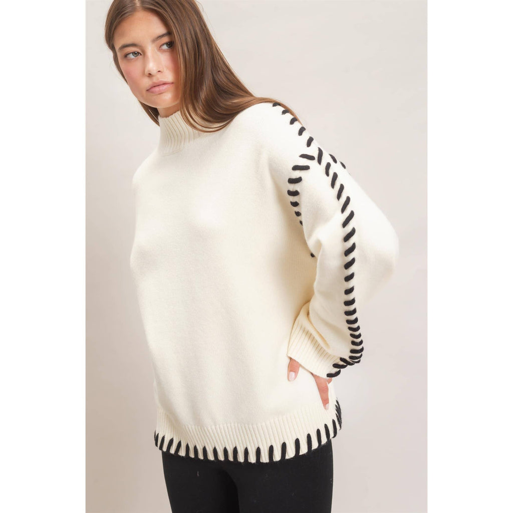 Blanket Stitch High Neck Sweater