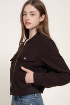Long Sleeve Crew Neck Felt Jacket with Pocket Flap Detail