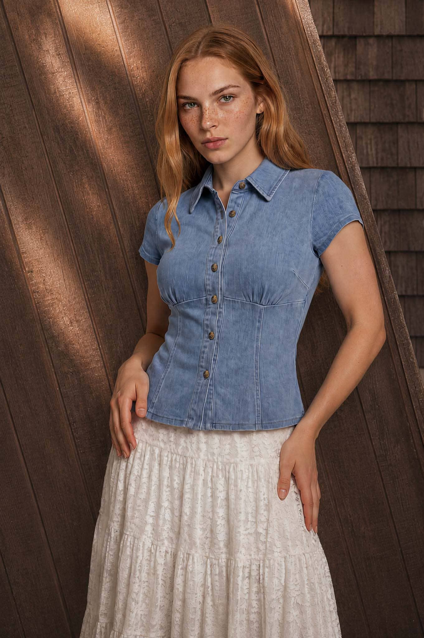 COLLARED BUTTON DOWN CINCHED WAIST DENIM TOP