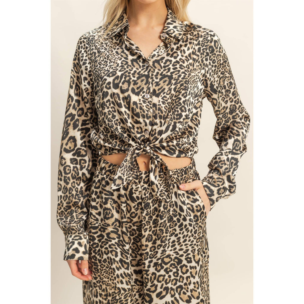 Leopard Print Tie-Waist Shirt And Pants Jumpsuit