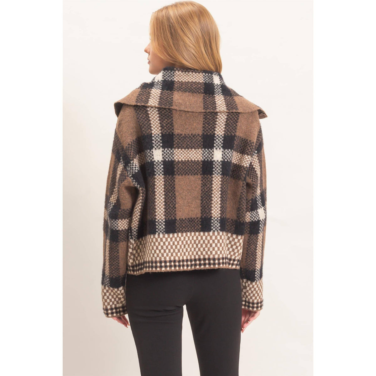 Wide Collar Plaid Zip-Up Sweater