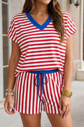 Striped V Neck Tee Drawstring Elastic Waist Short Set