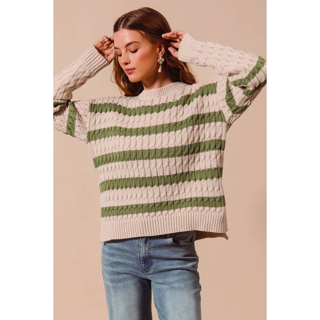 STRIPE CABLE KNIT SWEATER TOP WITH SIDE SLITS