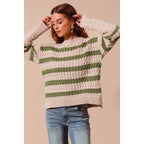 STRIPE CABLE KNIT SWEATER TOP WITH SIDE SLITS