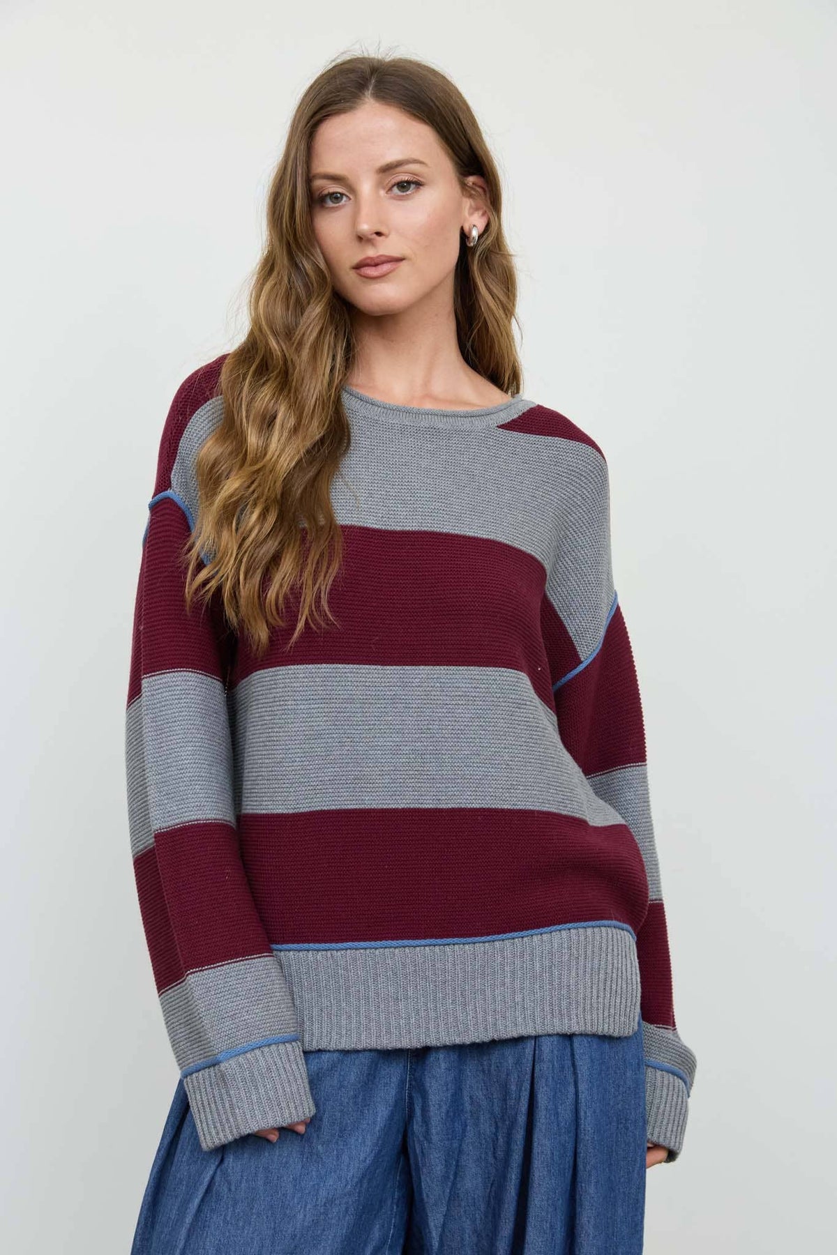 WIDE STRIPE TEXTURED KNIT CONTRAST KNIT CARDIGAN
