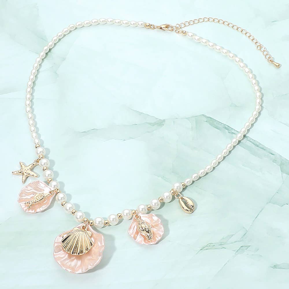 Ocean Inspired Seashell Starfish Charm Station Pearl Beaded Necklace