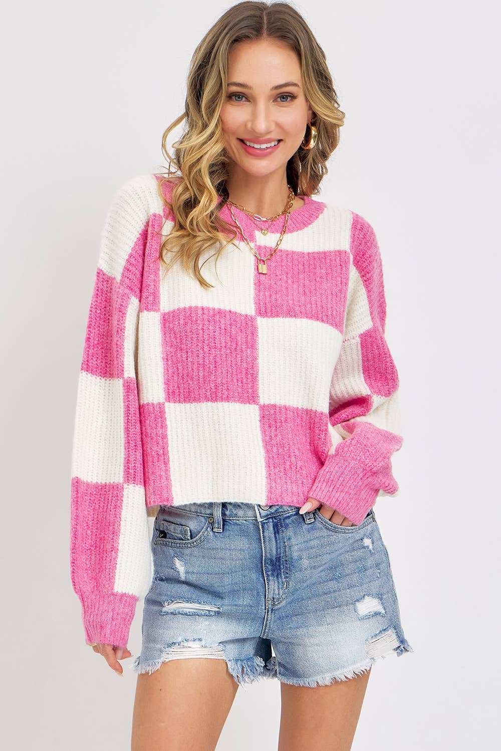 CASUAL SOFT COZY  RELAXED FIT CHECKER KNIT SWEATER