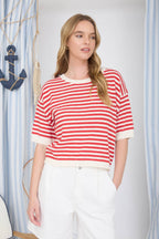 STRIPE CONTRAST TRIM SHORT SLEEVE KNIT SWEATER