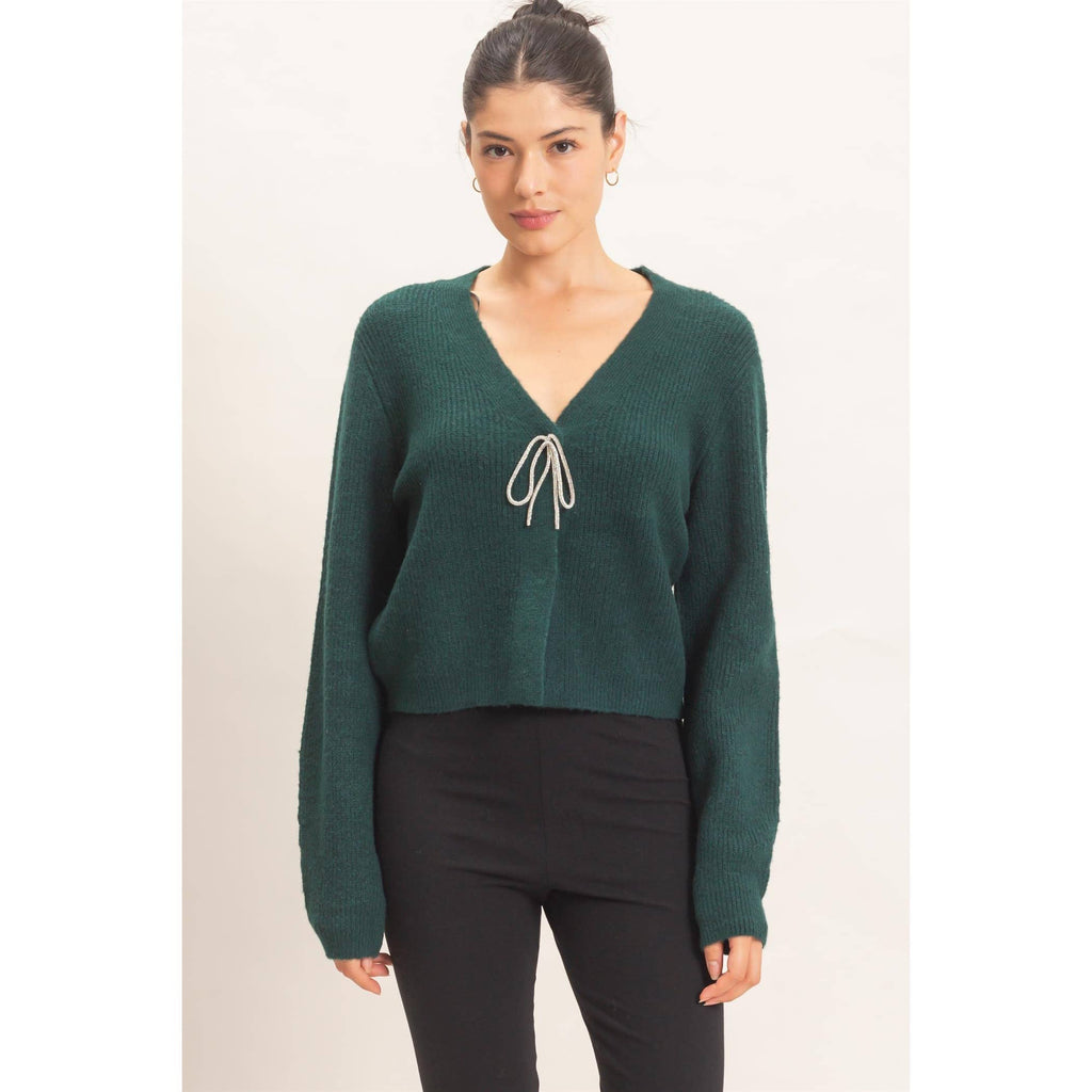 Rhinestone Bow Tie-Front Sweater