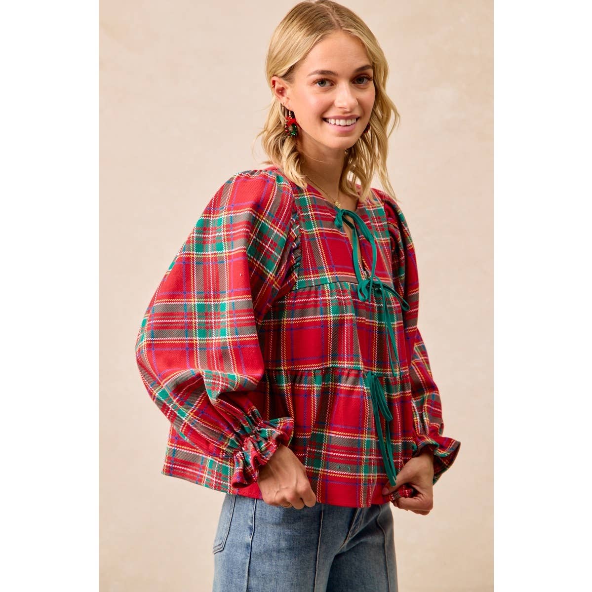 CHRISTMAS PLAID TOP WITH FRONT BOW TIED DETAILS